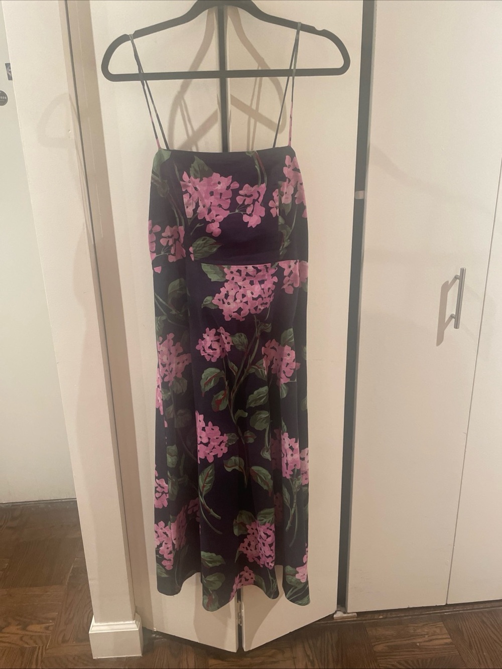Aqua Blue with Pink Hydrangas linen Maxi Dress with Pink Floral Print